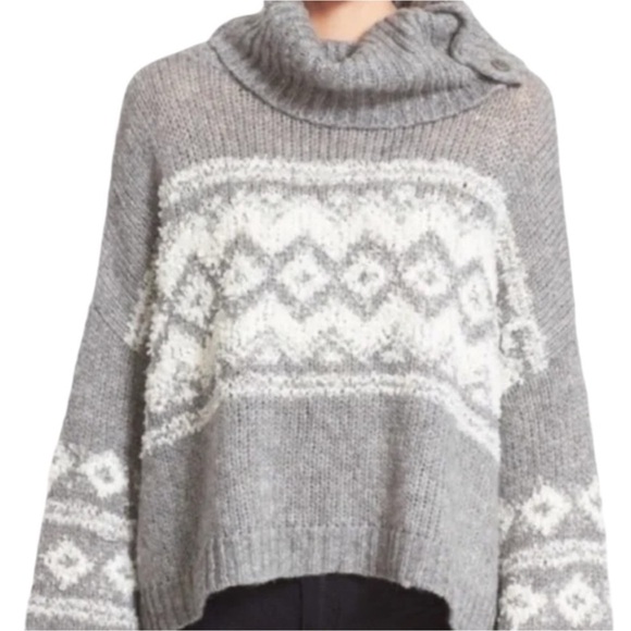 Free People Fair Isle Button Cowl Neck Sweater Women’s M Fuzzy Slouchy Nordic - Picture 3 of 12